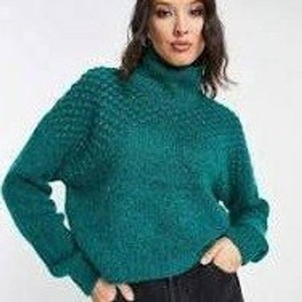Free People Sweater Women XS Green Mock Neck Boho Chunky Cropped Cozy Pull Over - Picture 4 of 10